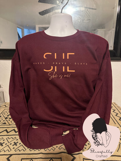 She Wakes Prays Slays Adult Crew Neck Sweatshirt (No Hood)
